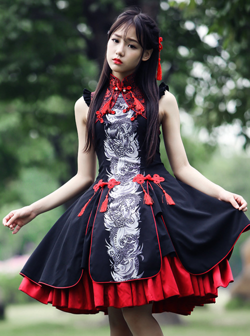 Tsing Lung White Tiger Series Tsing Lung Chinese Style Classic Qi Lolita Sleeveless Dress And Shawl Set