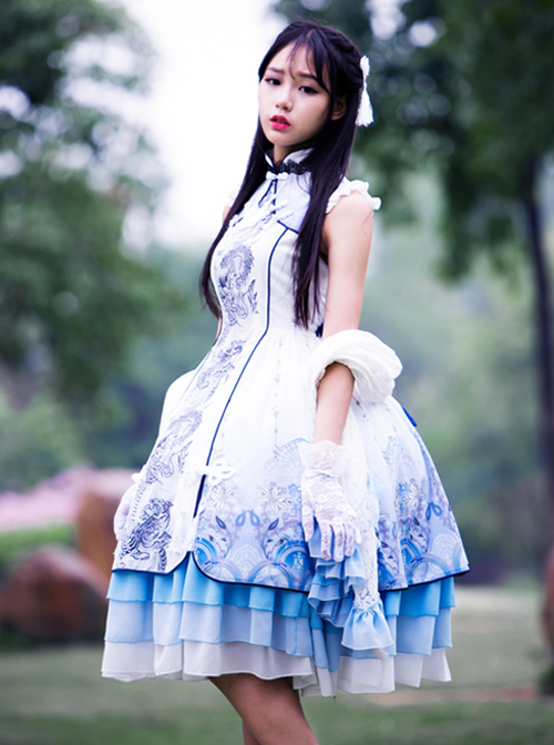 Tsing Lung White Tiger Series White Tiger Chinese Style Classic Qi Lolita Sleeveless Dress And Shawl Set