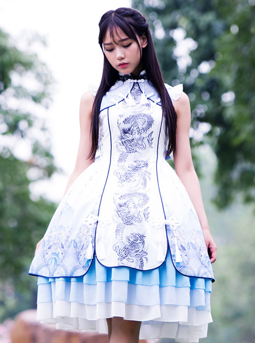 Tsing Lung White Tiger Series White Tiger Chinese Style Classic Qi Lolita Sleeveless Dress And Shawl Set