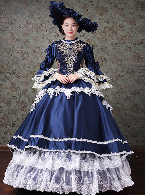 Palace Style Lace Embroidery Navy Blue Classic Lolita Prom Dress