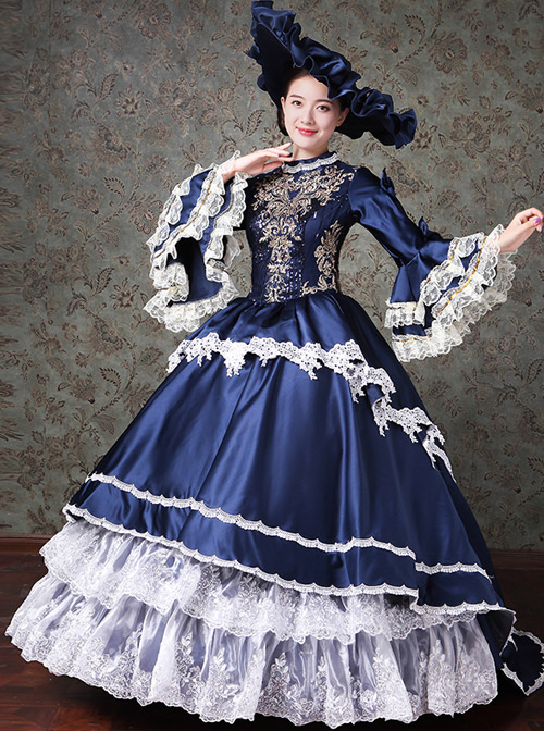 Palace Style Lace Embroidery Navy Blue Classic Lolita Prom Dress