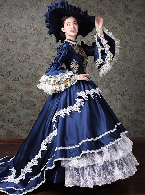 Palace Style Lace Embroidery Navy Blue Classic Lolita Prom Dress