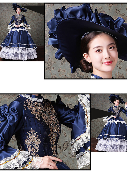 Palace Style Lace Embroidery Navy Blue Classic Lolita Prom Dress