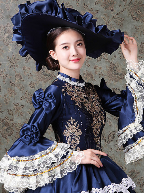 Palace Style Lace Embroidery Navy Blue Classic Lolita Prom Dress