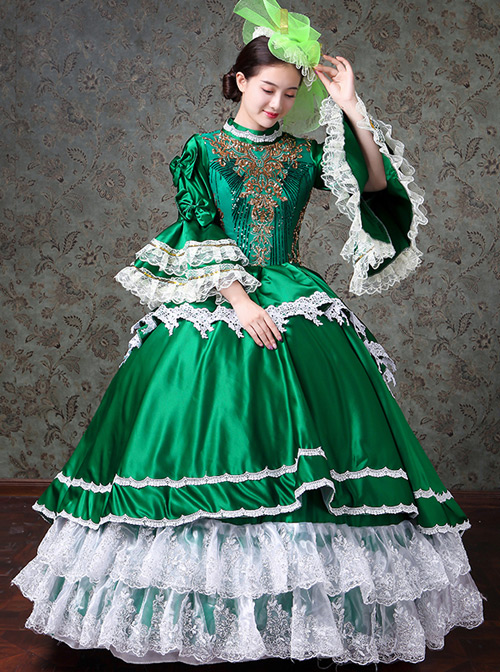 Palace Style White Lace Green Trumpet Sleeve Lolita Prom Long Trailing Dress