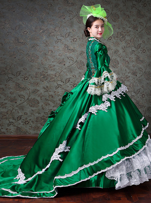 Palace Style White Lace Green Trumpet Sleeve Lolita Prom Long Trailing Dress