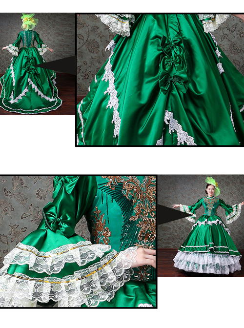Palace Style White Lace Green Trumpet Sleeve Lolita Prom Long Trailing Dress