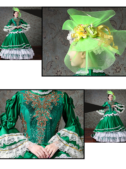 Palace Style White Lace Green Trumpet Sleeve Lolita Prom Long Trailing Dress