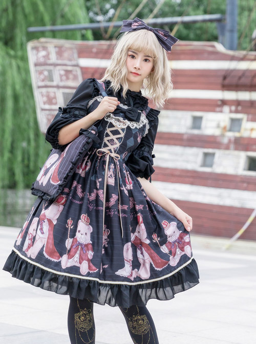 Coronation Bear Series JSK Chiffon Classic Lolita Sling Dress Version 1