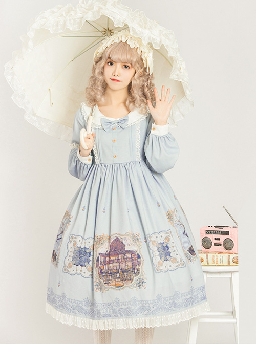 The Gallery Series OP Printing Classic Lolita Light Blue Long Sleeve Dress