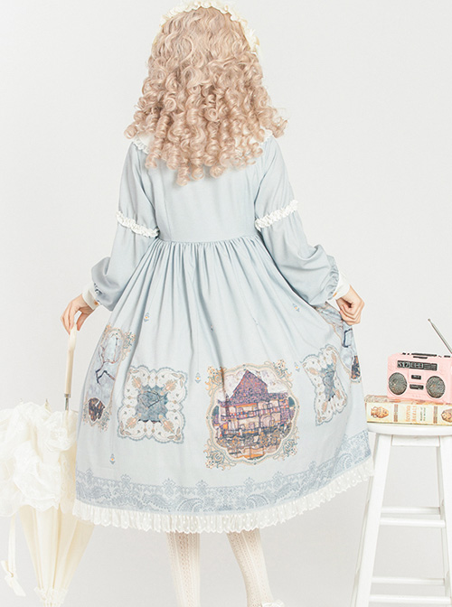 The Gallery Series OP Printing Classic Lolita Light Blue Long Sleeve Dress