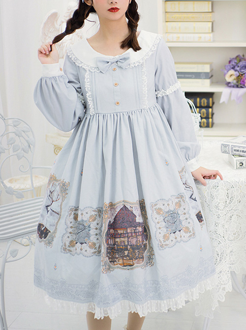 The Gallery Series OP Printing Classic Lolita Light Blue Long Sleeve Dress