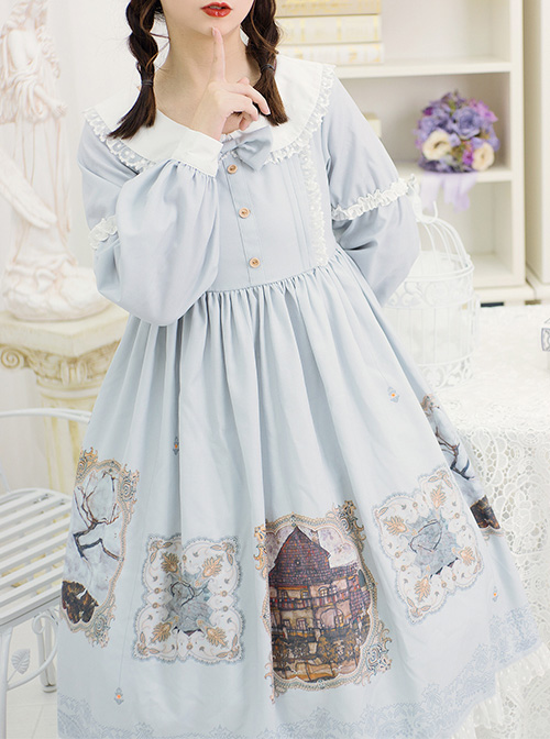 The Gallery Series OP Printing Classic Lolita Light Blue Long Sleeve Dress