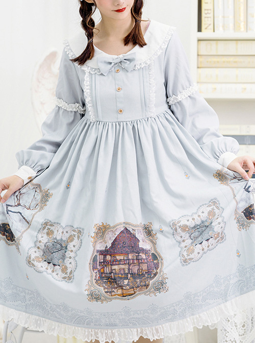 The Gallery Series OP Printing Classic Lolita Light Blue Long Sleeve Dress