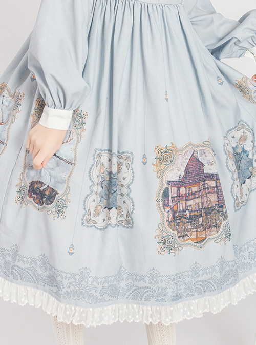 The Gallery Series OP Printing Classic Lolita Light Blue Long Sleeve Dress