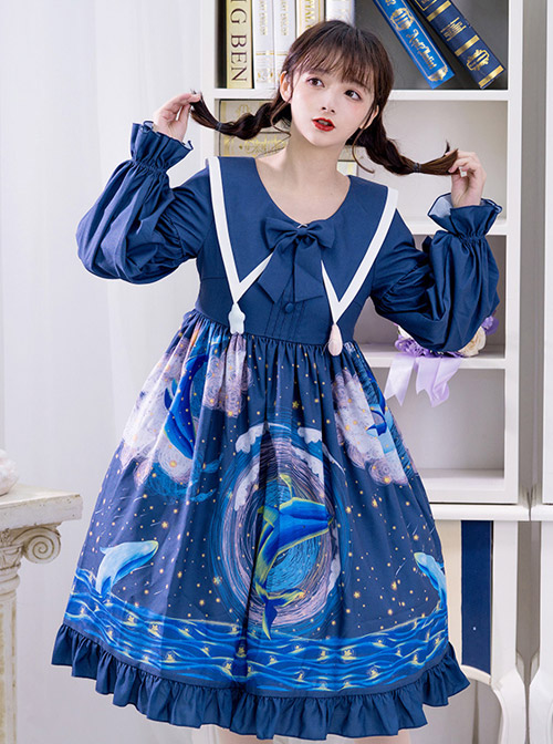 Nebula Whale Series OP Printing Classic Lolita Long Sleeve Dress