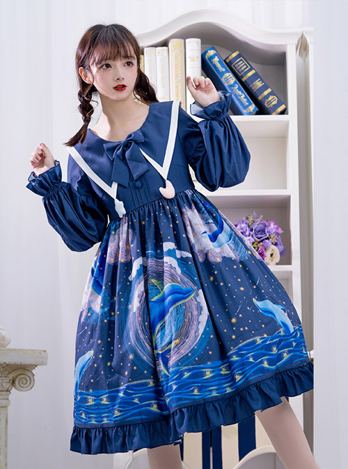 Nebula Whale Series OP Printing Classic Lolita Long Sleeve Dress