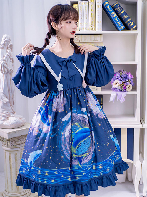 Nebula Whale Series OP Printing Classic Lolita Long Sleeve Dress