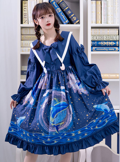 Nebula Whale Series OP Printing Classic Lolita Long Sleeve Dress