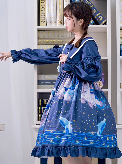 Nebula Whale Series OP Printing Classic Lolita Long Sleeve Dress