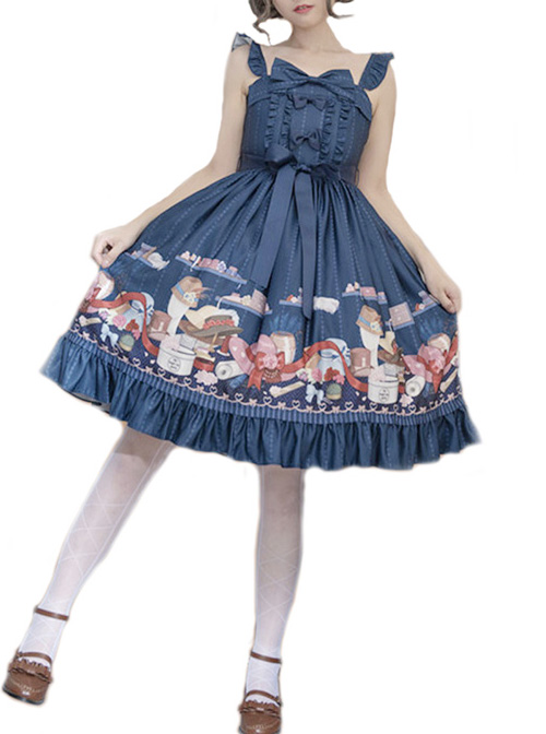 Magic Tea Party Handmade Girl's Hat Shop Series Printing Classic Lolita Sling Dress