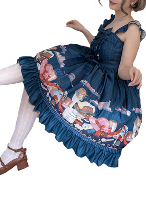 Magic Tea Party Handmade Girl's Hat Shop Series Printing Classic Lolita Sling Dress