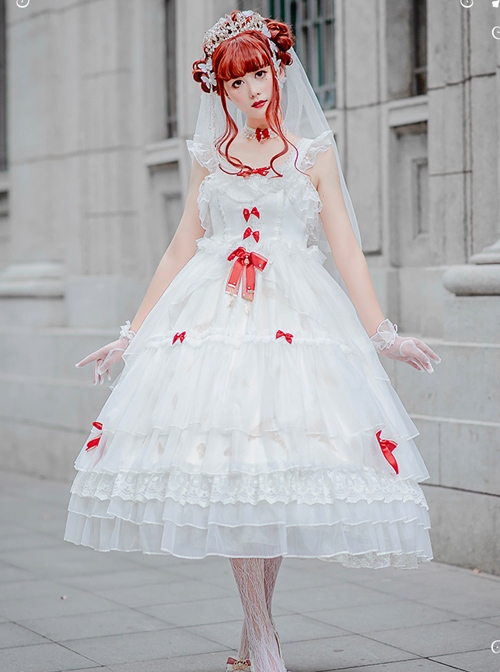 Elegant Pure White Lace Long Style Classic Lolita Sling Wedding Dress