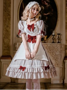 Cute Ruffle Maid Uniform Sweet Lolita Bowknot Short Sleeve Dress And Apron Set