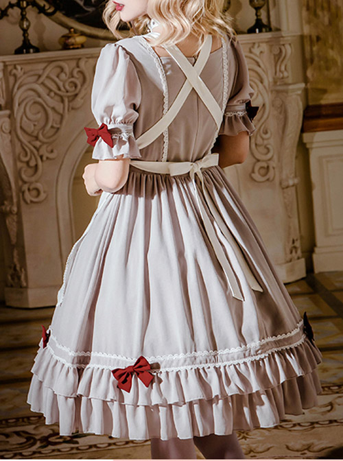 Cute Ruffle Maid Uniform Sweet Lolita Bowknot Short Sleeve Dress And Apron Set