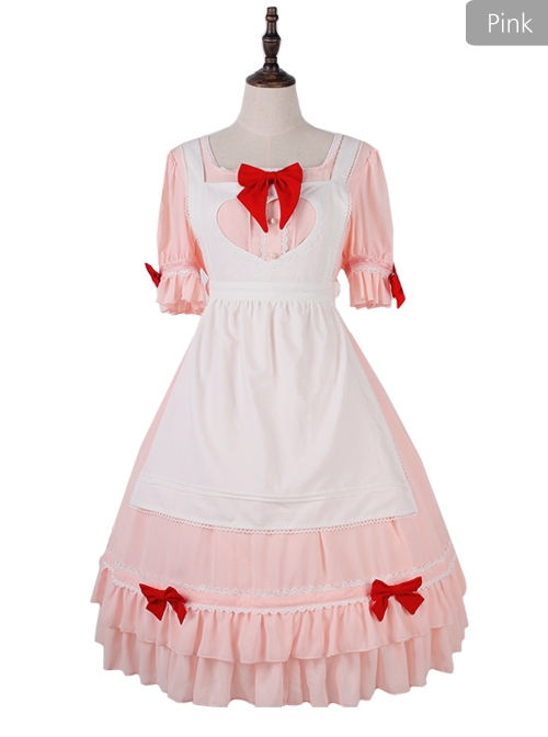 Cute Ruffle Maid Uniform Sweet Lolita Bowknot Short Sleeve Dress And Apron Set
