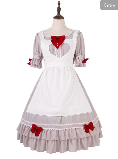 Cute Ruffle Maid Uniform Sweet Lolita Bowknot Short Sleeve Dress And Apron Set