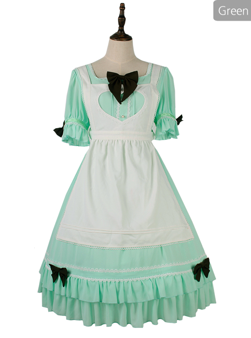 Cute Ruffle Maid Uniform Sweet Lolita Bowknot Short Sleeve Dress And Apron Set