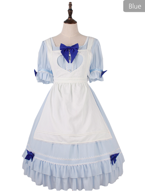 Cute Ruffle Maid Uniform Sweet Lolita Bowknot Short Sleeve Dress And Apron Set