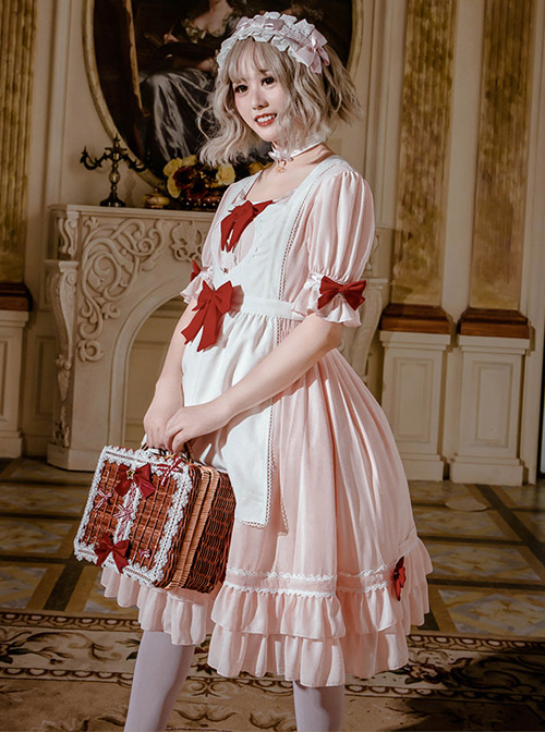 Cute Ruffle Maid Uniform Sweet Lolita Bowknot Short Sleeve Dress And Apron Set