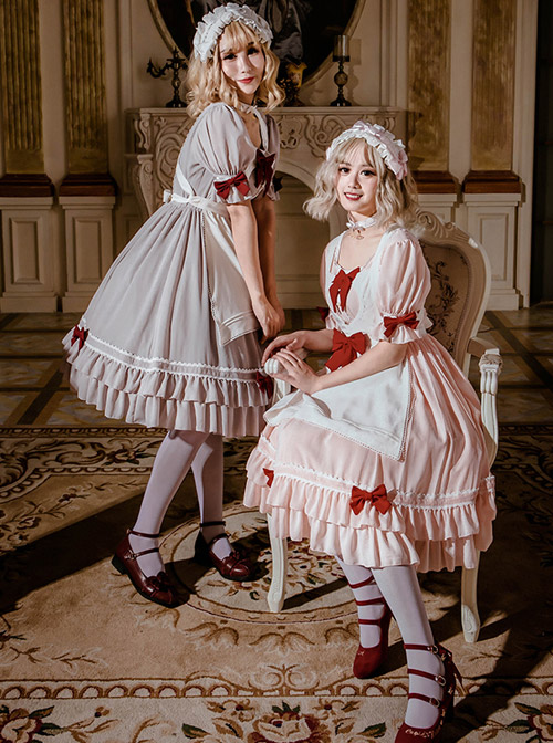 Cute Ruffle Maid Uniform Sweet Lolita Bowknot Short Sleeve Dress And Apron Set