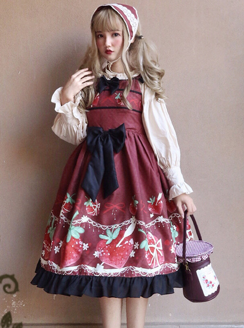 Strawberry Hug Series Bowknot Sweet Lolita Sling Dress