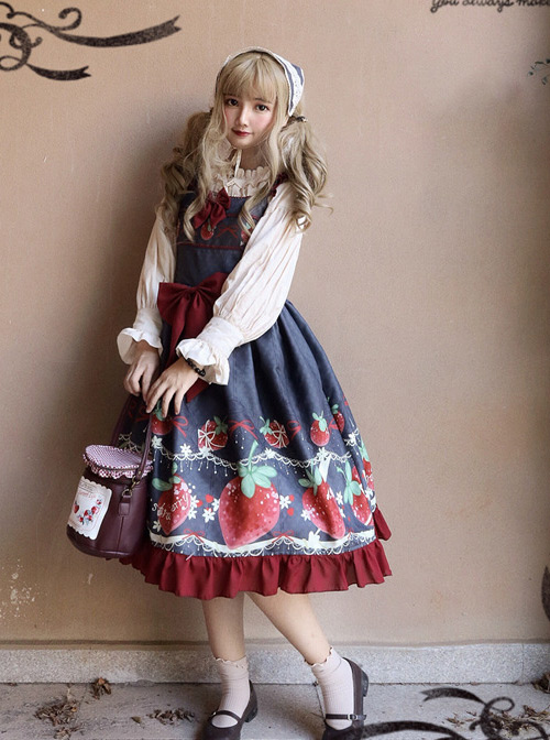 Strawberry Hug Series Bowknot Sweet Lolita Sling Dress