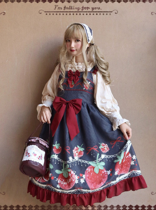 Strawberry Hug Series Bowknot Sweet Lolita Sling Dress