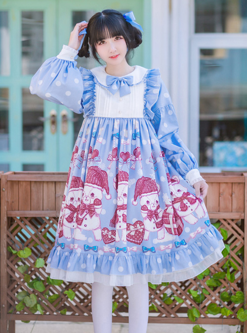 Love Heart Bear Series Sweet Lolita Blue Long Sleeve Dress