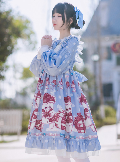 Love Heart Bear Series Sweet Lolita Blue Long Sleeve Dress