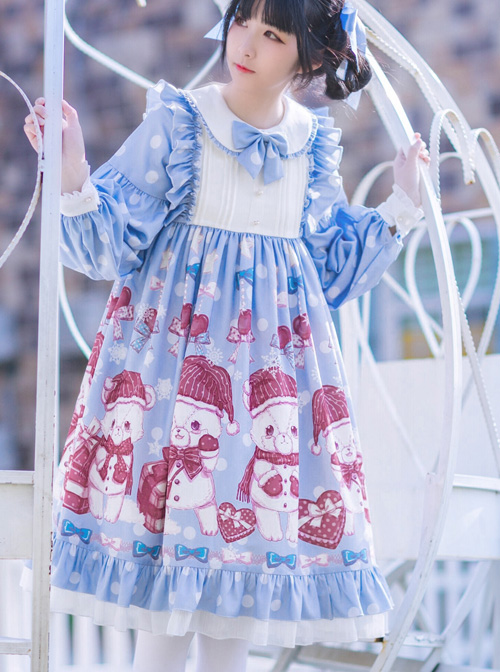 Love Heart Bear Series Sweet Lolita Blue Long Sleeve Dress