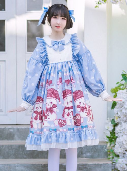 Love Heart Bear Series Sweet Lolita Blue Long Sleeve Dress