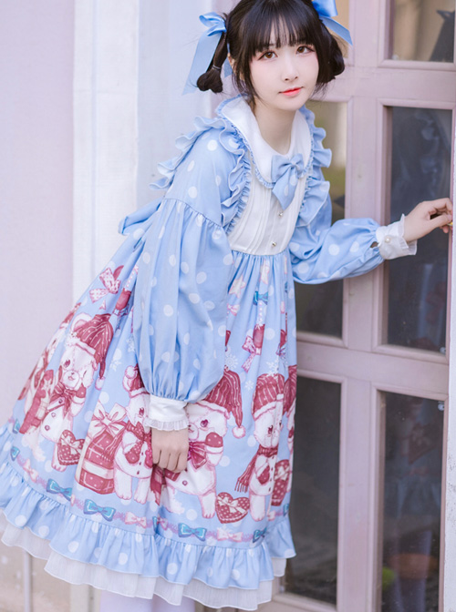 Love Heart Bear Series Sweet Lolita Blue Long Sleeve Dress
