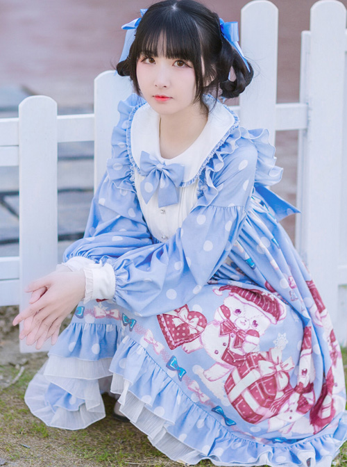 Love Heart Bear Series Sweet Lolita Blue Long Sleeve Dress