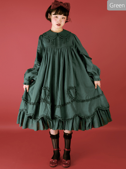 High Waist Doll Collar Pure Color Classic Lolita Long Sleeve Long Dress