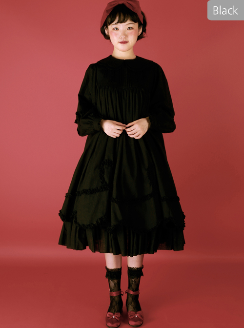 High Waist Doll Collar Pure Color Classic Lolita Long Sleeve Long Dress