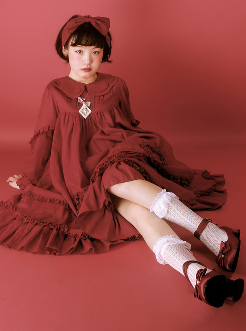 High Waist Doll Collar Pure Color Classic Lolita Long Sleeve Long Dress