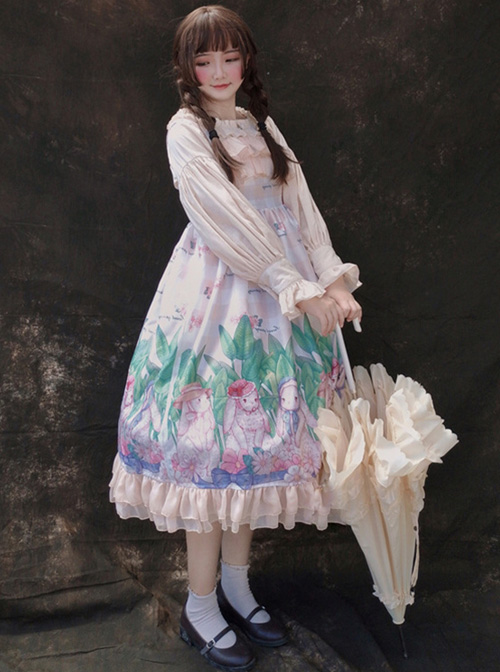 Little Rabbit Series JSK Rabbit Printing Ruffle Sweet Lolita Sling Dress