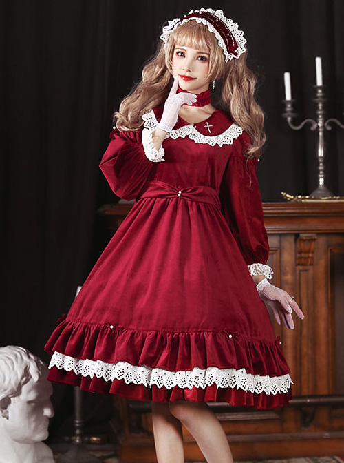 Vintage Velvet Pearl Jacquard Lace Gorgeous Back Slit Bowknot Gothic Lolita Long Sleeve Dress