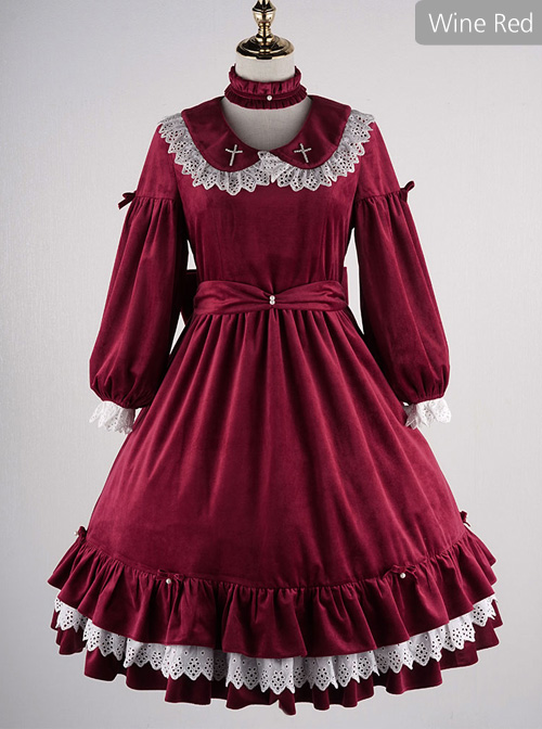 Vintage Velvet Pearl Jacquard Lace Gorgeous Back Slit Bowknot Gothic Lolita Long Sleeve Dress